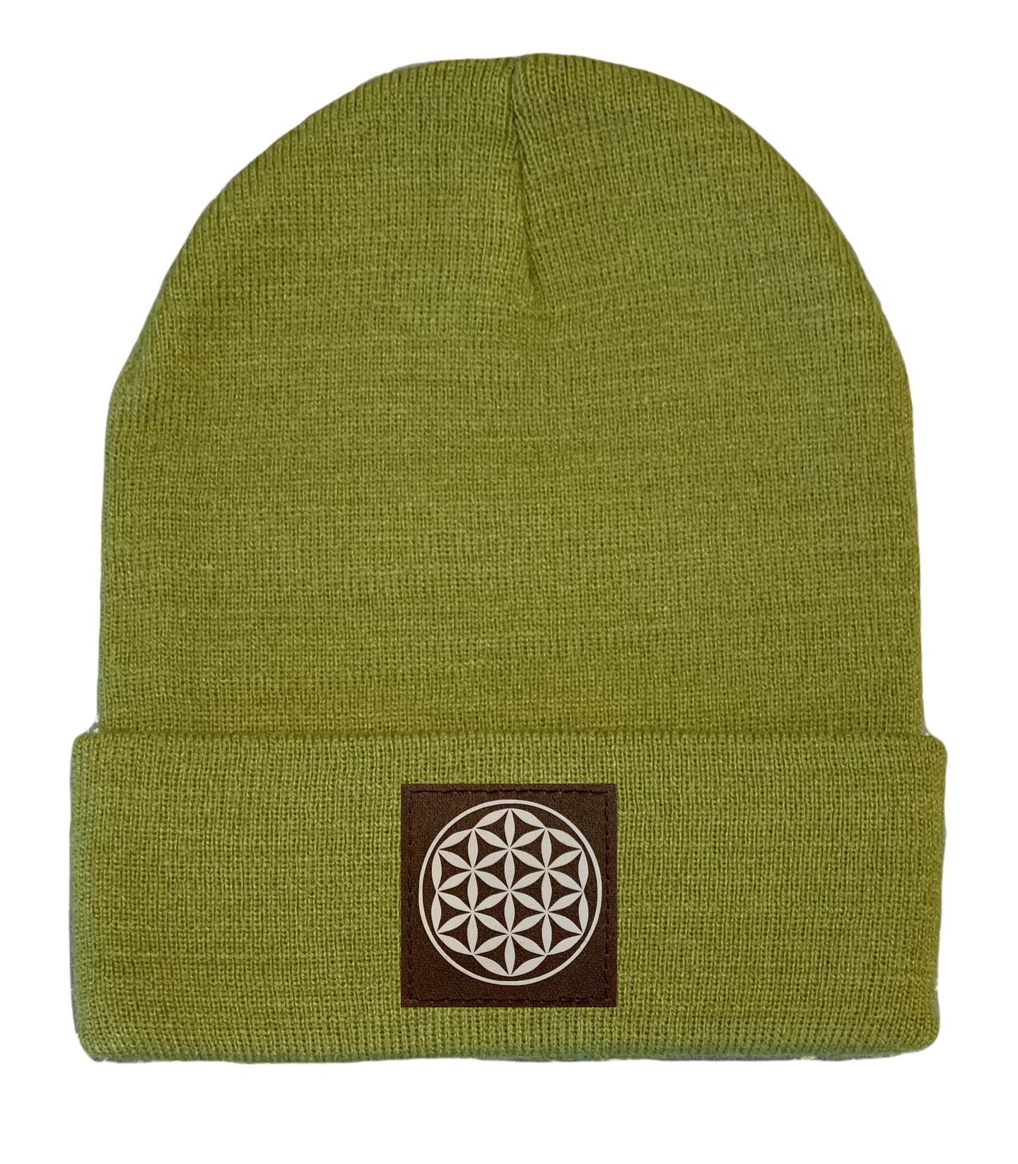Cuffed Beanie withFlower of Life vegan leather yoga patch by buddha gear