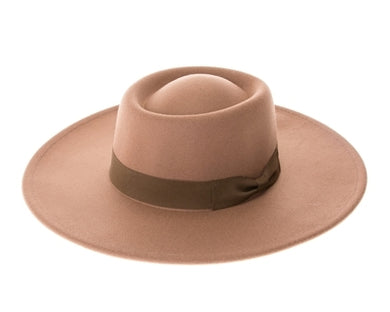 Taupe Vegan Felt Boater Hat, Structured Wide Brim Fedora by Buddha Gear