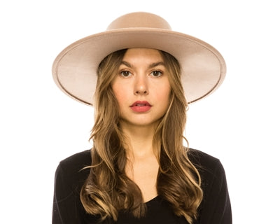 Taupe Vegan Felt Boater Hat, Structured Wide Brim Fedora by Buddha Gear