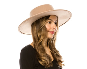 Taupe Vegan Felt Boater Hat, Structured Wide Brim Fedora by Buddha Gear