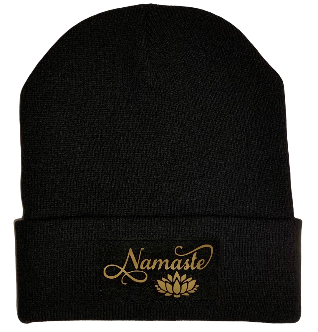 Black Cuffed Beanie with Black and Gold Handmade, Vegan Leather Namaste Lotus over your Third Eye