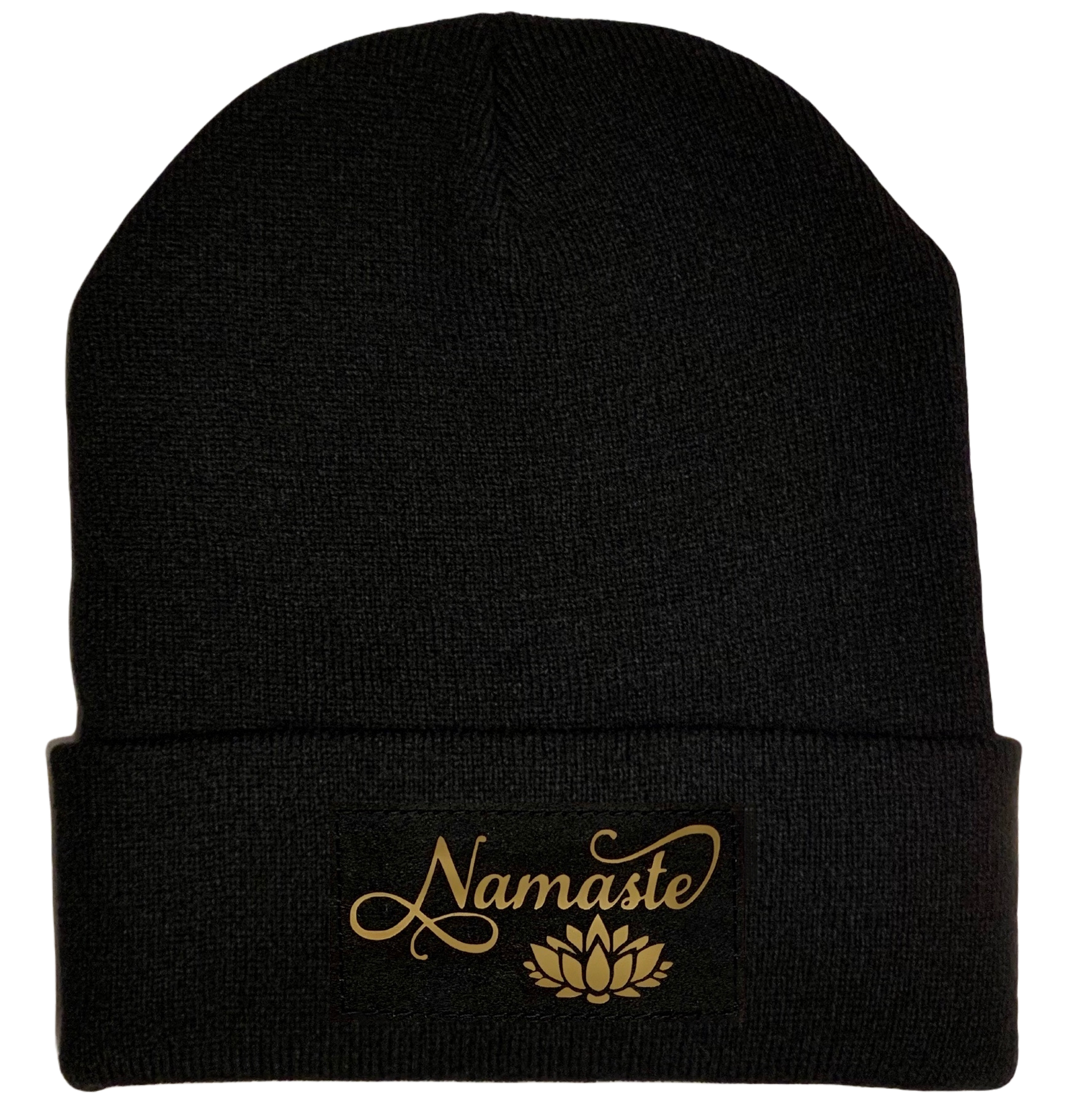 Black Cuffed Beanie with Black and Gold Handmade, Vegan Leather Namaste Lotus over your Third Eye