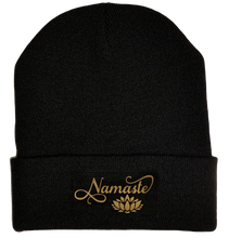 Load image into Gallery viewer, Black Cuffed Beanie with Black and Gold Handmade, Vegan Leather Namaste Lotus over your Third Eye