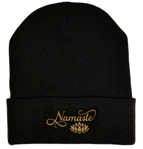 Black Cuffed Beanie with Black and Gold Handmade, Vegan Leather Namaste Lotus over your Third Eye