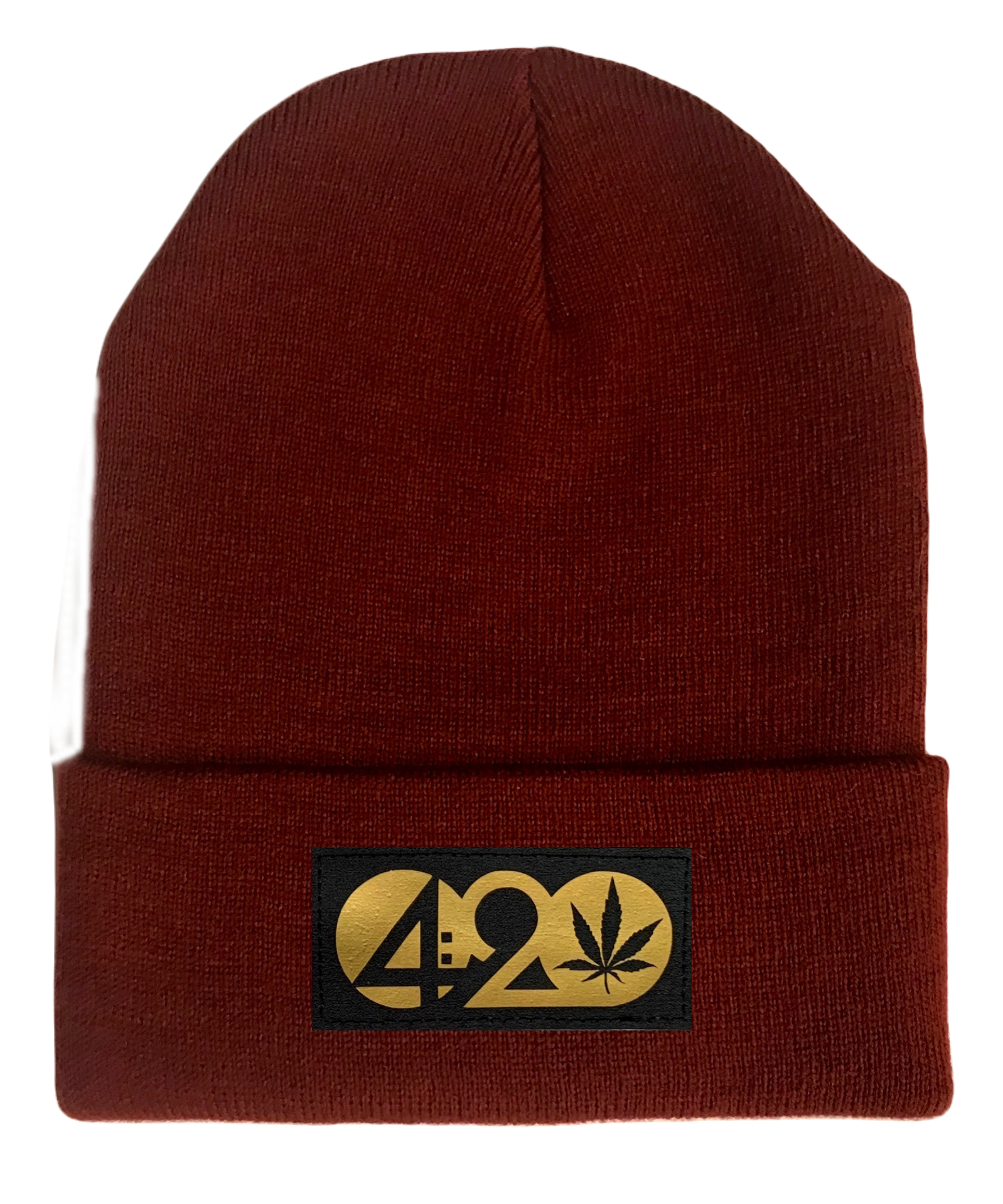 Beanie - Burgundy Buddha Beanie with Black & Gold Handmade Vegan Leather Cannabis, Flower of Life, Merkaba, Om, Eye of Horus, Mushrooms, Compass, Yin Yang Sun, Tree of Life, Triquetra, Ganesha, 420, Moons, Butterfly Patch over your Third Eye