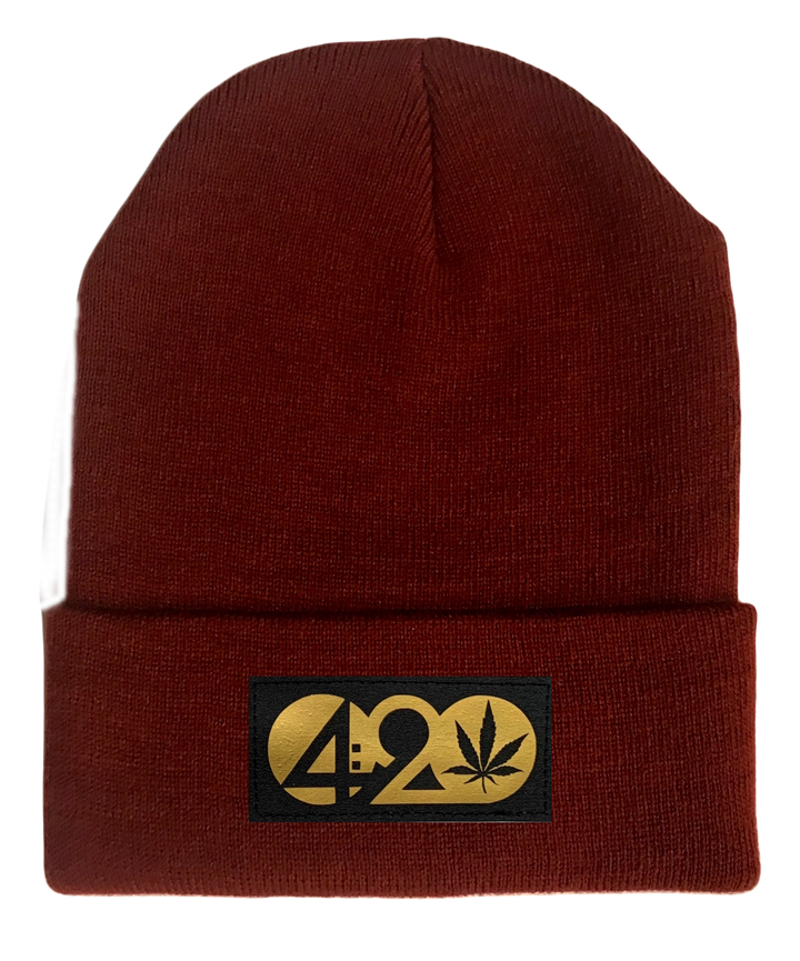 Beanie - Burgundy Buddha Beanie with Black & Gold Handmade Vegan Leather Cannabis, Flower of Life, Merkaba, Om, Eye of Horus, Mushrooms, Compass, Yin Yang Sun, Tree of Life, Triquetra, Ganesha, 420, Moons, Butterfly Patch over your Third Eye