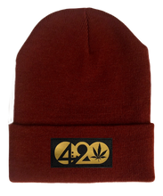 Load image into Gallery viewer, Beanie - Burgundy Buddha Beanie with Black &amp; Gold Handmade Vegan Leather Cannabis, Flower of Life, Merkaba, Om, Eye of Horus, Mushrooms, Compass, Yin Yang Sun, Tree of Life, Triquetra, Ganesha, 420, Moons, Butterfly Patch over your Third Eye