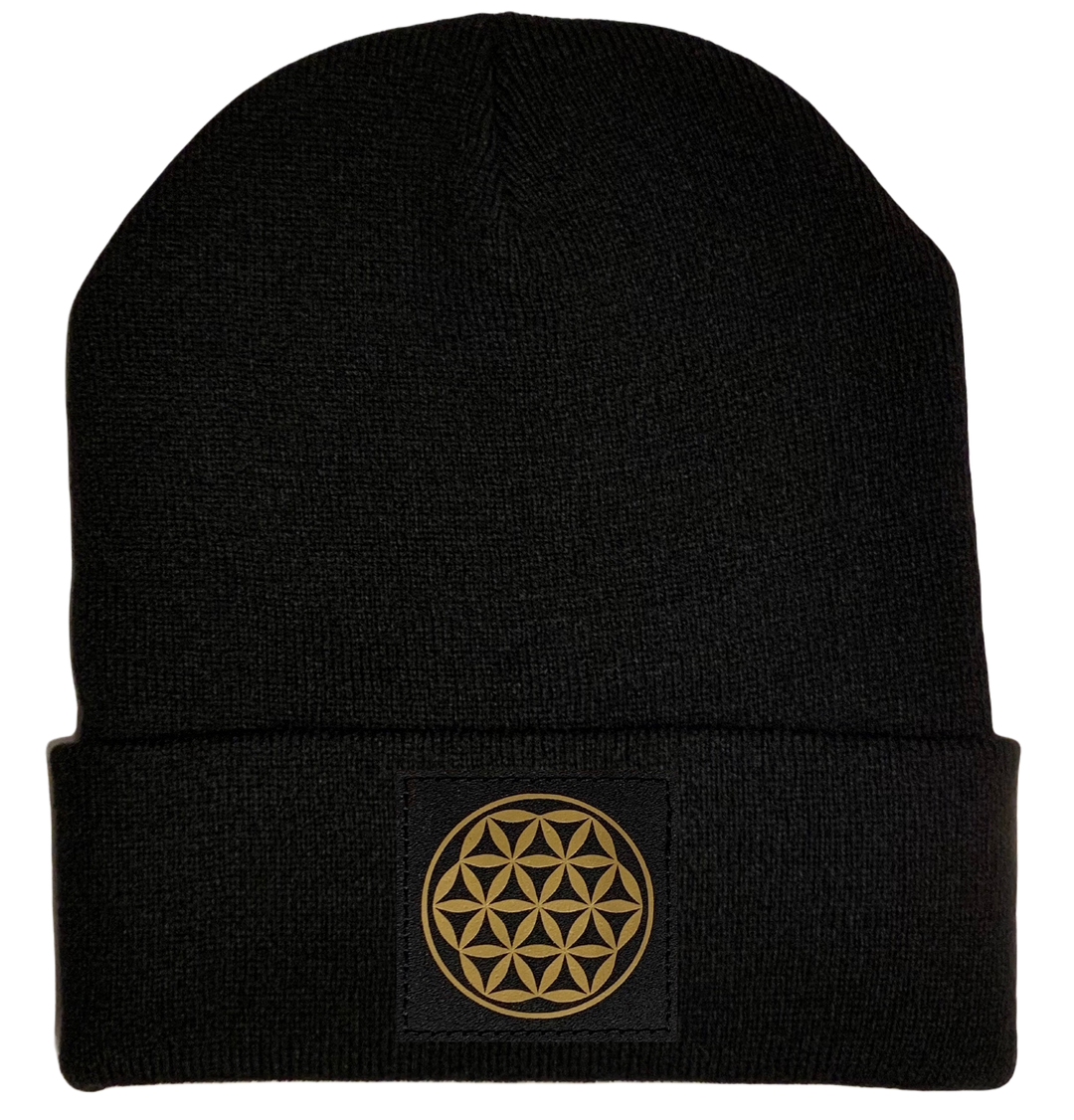 Beanie - Black cuffed w, Black and Gold Hand Made Flower of Life Vegan Leather patch over your Third Eye buddha gear