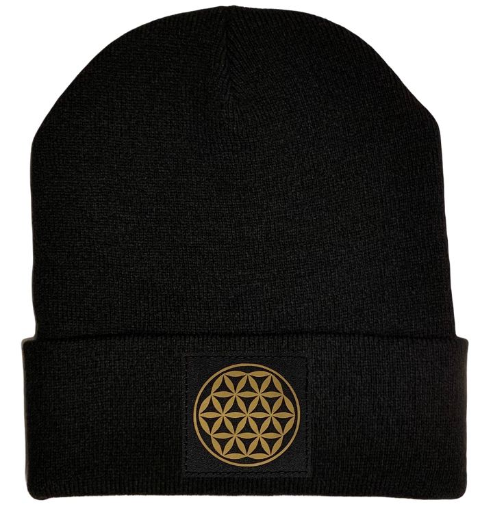 Beanie - Black cuffed w, Black and Gold Hand Made Flower of Life Vegan Leather patch over your Third Eye buddha gear
