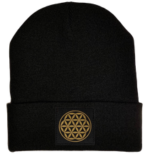 Load image into Gallery viewer, Beanie - Black cuffed w, Black and Gold Hand Made Flower of Life Vegan Leather patch over your Third Eye buddha gear