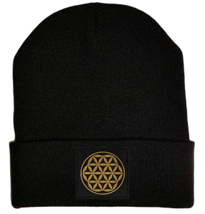 Beanie - Black cuffed w, Black and Gold Hand Made Flower of Life Vegan Leather patch over your Third Eye buddha gear