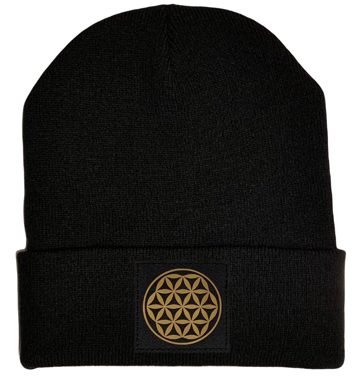 Beanie - Black cuffed w, Black and Gold Hand Made Flower of Life Vegan Leather patch over your Third Eye buddha gear
