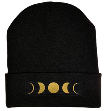 Load image into Gallery viewer, Beanies - Black Cuffed Buddha Beanie with Handmade Black and Gold Moon Phase patch over your Third Eye