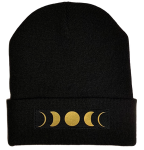 Beanies - Black Cuffed Buddha Beanie with Handmade Black and Gold Moon Phase patch over your Third Eye