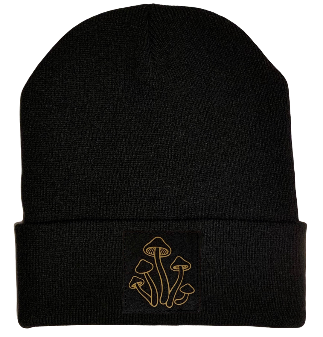 Beanie - Black cuffed w, Black and Gold Hand Made Mushroom, Vegan Leather Patch over your Third Eye by Buddha Gear 