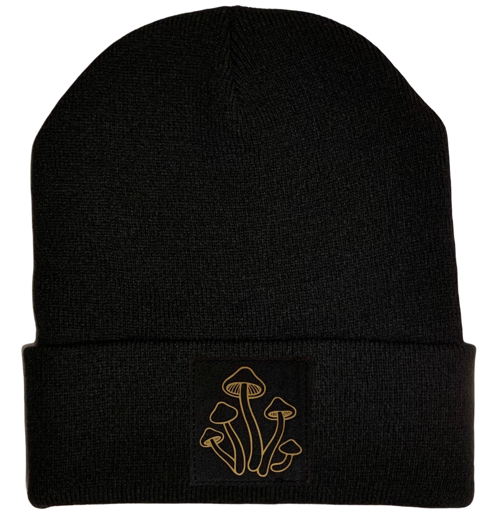 Beanie - Black cuffed w, Black and Gold Hand Made Mushroom, Vegan Leather Patch over your Third Eye by Buddha Gear 