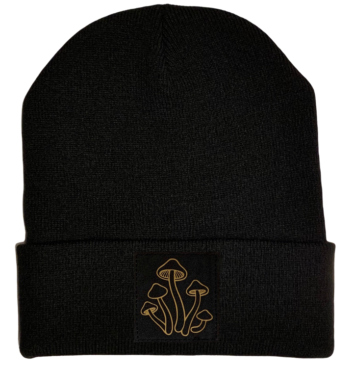 Beanie - Black cuffed w, Black and Gold Hand Made Mushroom, Vegan Leather Patch over your Third Eye by Buddha Gear 