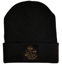 Load image into Gallery viewer, Beanie - Black cuffed w, Black and Gold Hand Made Mushroom, Vegan Leather Patch over your Third Eye by Buddha Gear 
