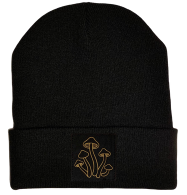 Beanie - Black cuffed w, Black and Gold Hand Made Mushroom, Vegan Leather Patch over your Third Eye by Buddha Gear 