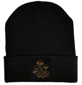 Beanie - Black cuffed w, Black and Gold Hand Made Mushroom, Vegan Leather Patch over your Third Eye by Buddha Gear 