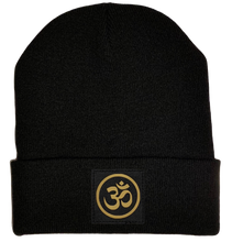 Load image into Gallery viewer, Buddha Gear Black Beanie with golden om ohm symbol over your third eye buddha gear