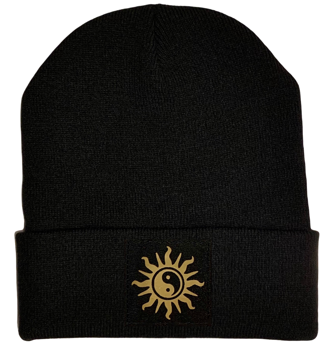 Black Yin Yang cuffed beanie by buddha gear buddha clothing yoga hat yoga beanie