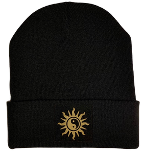 Black Yin Yang cuffed beanie by buddha gear buddha clothing yoga hat yoga beanie