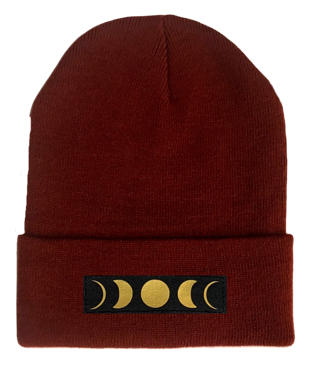Beanie, Burgundy Buddha Beanie w Handmade moon phase patch buddha gear