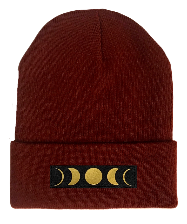 Beanie, Burgundy Buddha Beanie w Handmade moon phase patch buddha gear