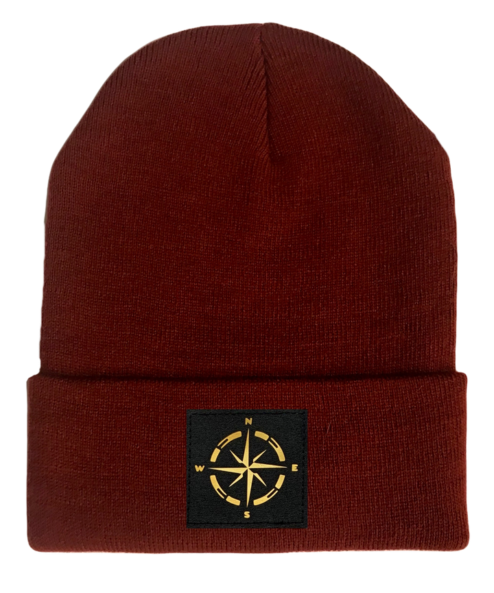 burgundy beanie w golden compass by buddha gear