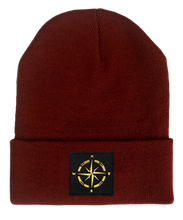 Load image into Gallery viewer, burgundy beanie w golden compass by buddha gear