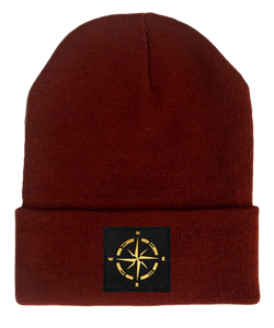 burgundy beanie w golden compass by buddha gear