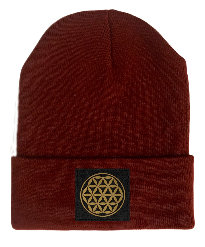 Beanie, Burgundy Buddha Beanie w Handmade flower of life patch buddha gear 