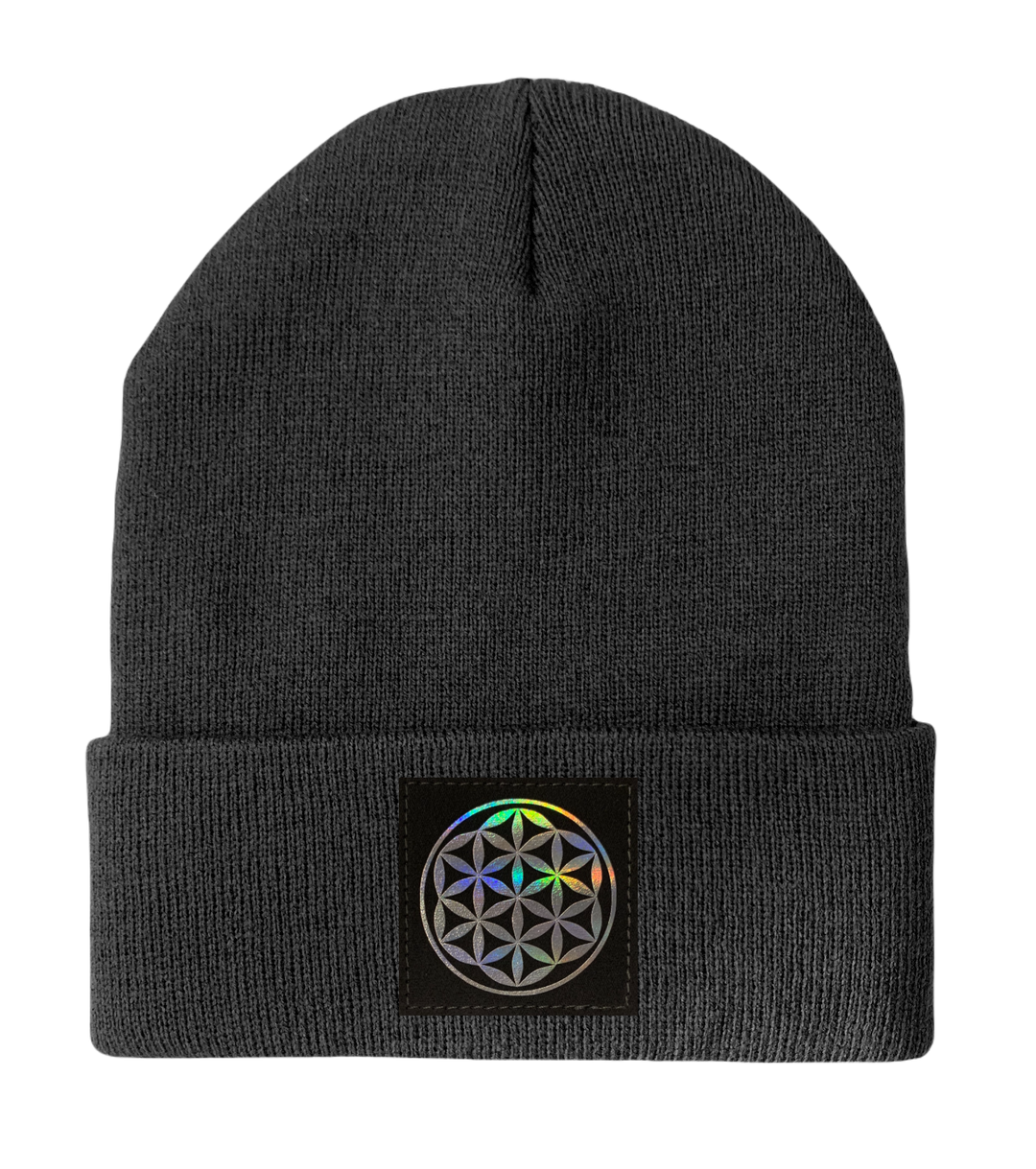 Beanie, Dark Grey with Hand Made Grey/Holographic Silver Vegan Leather Flower of Life Patch over your Third Eye
