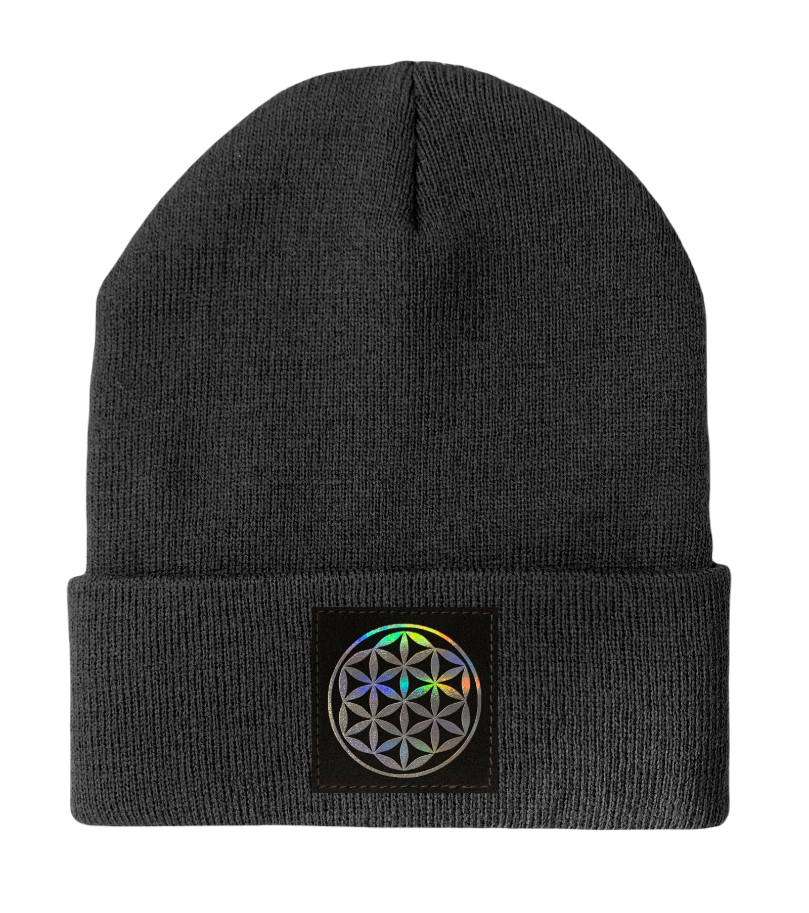 Beanie, Dark Grey with Hand Made Grey/Holographic Silver Vegan Leather Flower of Life Patch over your Third Eye