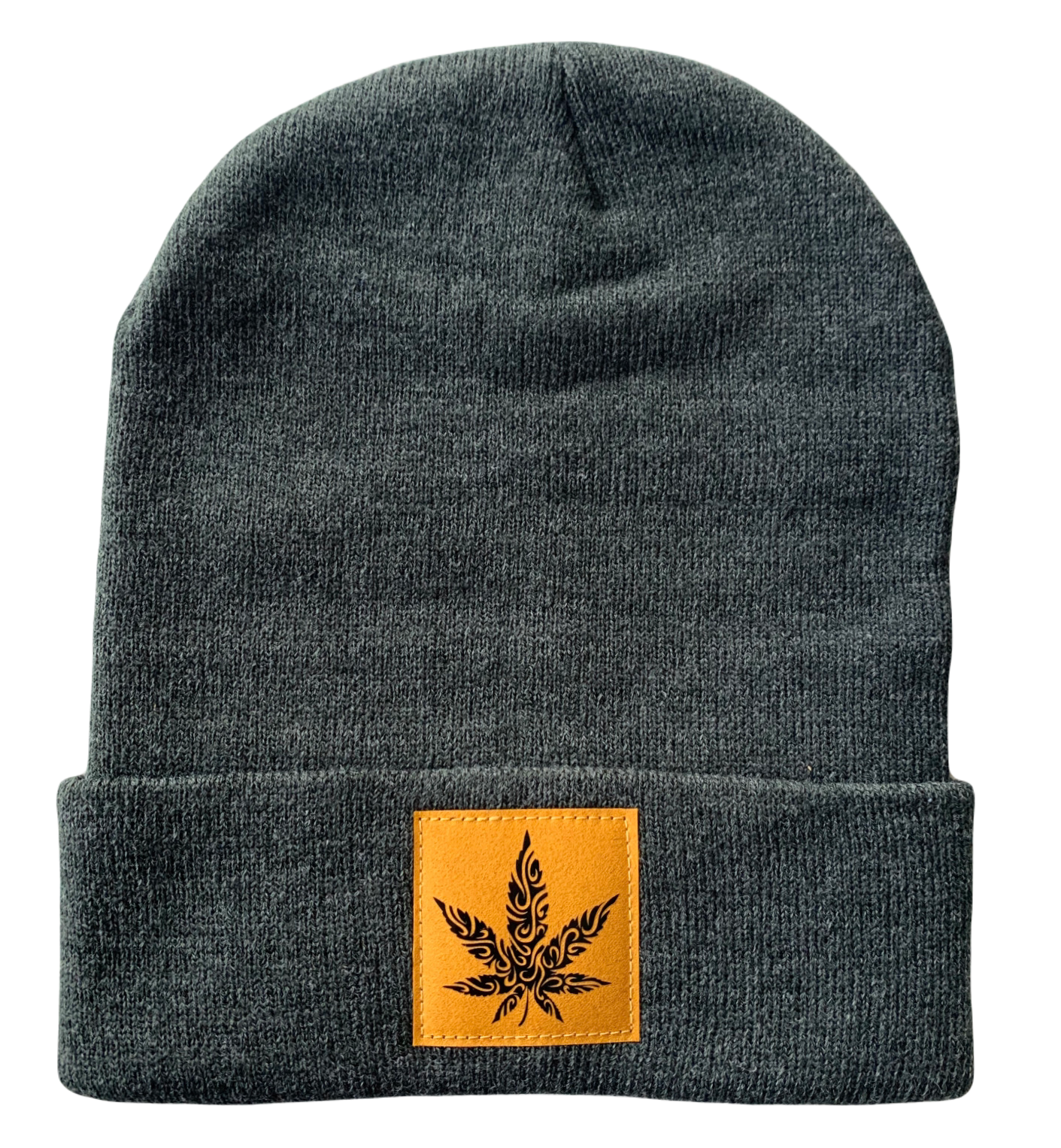 Charcoal Grey Beanie with Hand Made Mustard / Black, Vegan Leather Cannabis Patch by Buddha Gear
