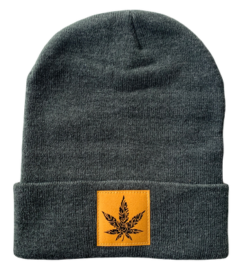 Charcoal Grey Beanie with Hand Made Mustard / Black, Vegan Leather Cannabis Patch by Buddha Gear
