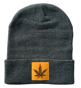 Charcoal Grey Beanie with Hand Made Mustard / Black, Vegan Leather Cannabis Patch by Buddha Gear