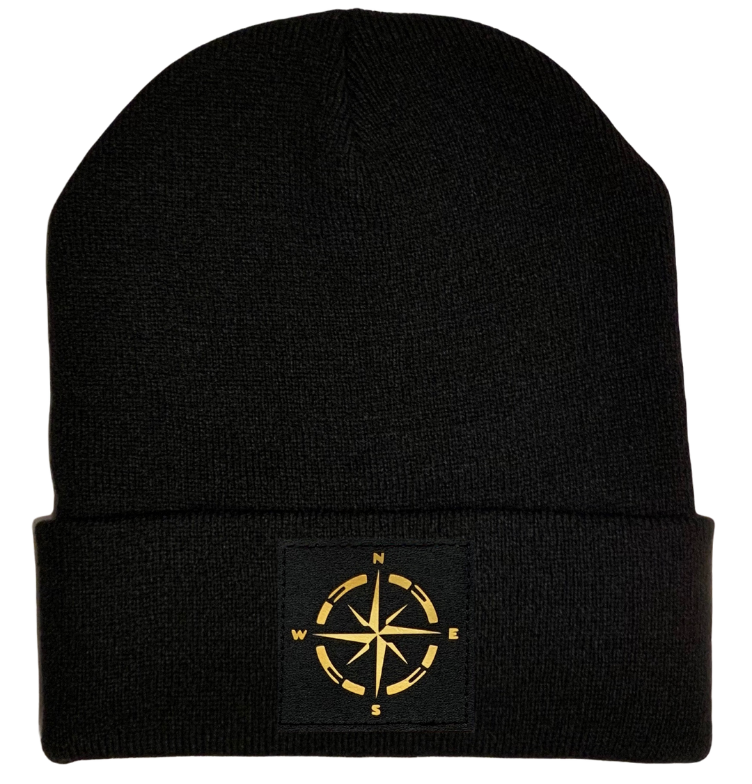 Buddha Gear Beanie - Black cuffed w, Black and Gold Hand Made Compass, Vegan Leather patch over your Third Eye