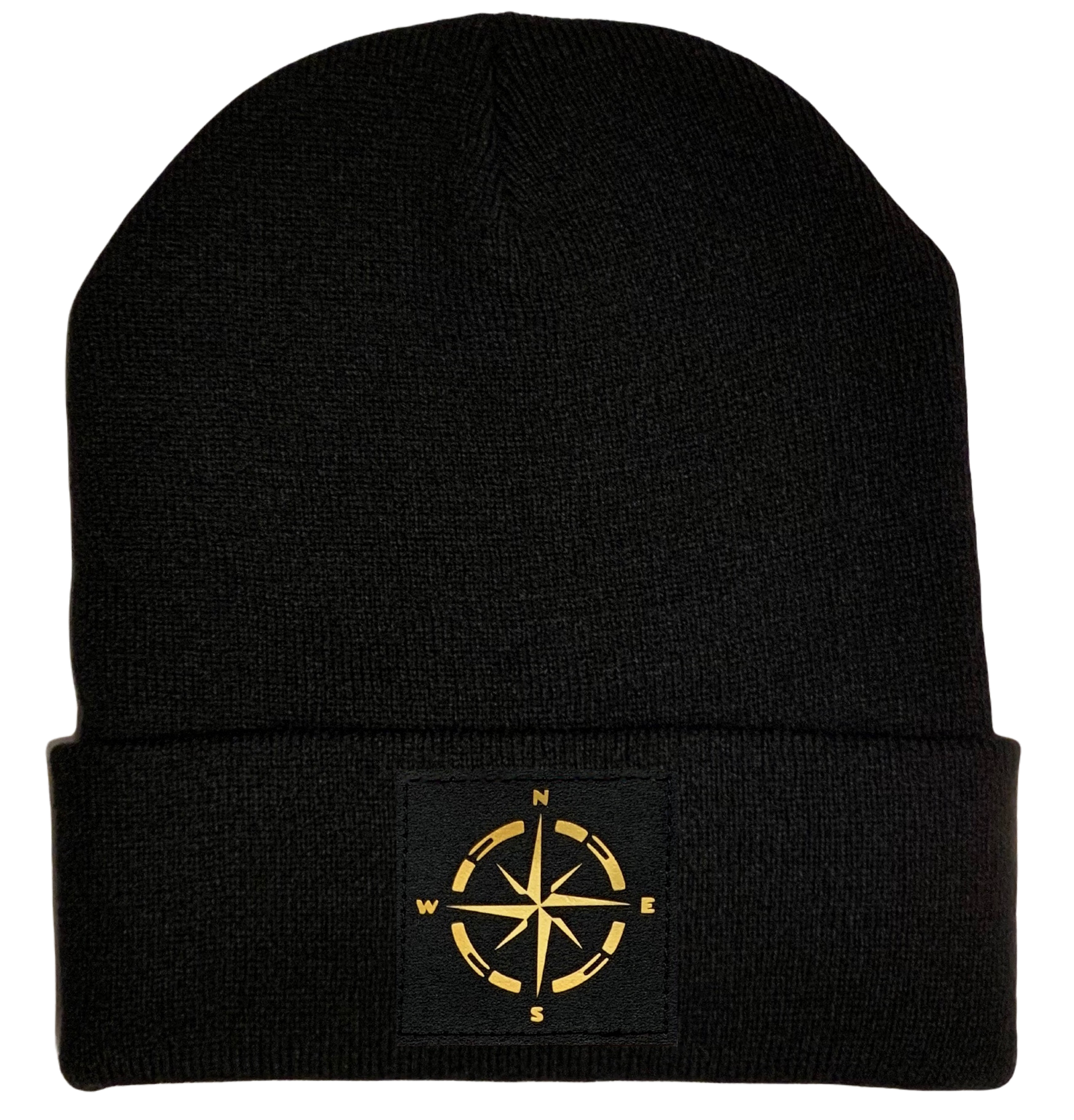 Buddha Gear Beanie - Black cuffed w, Black and Gold Hand Made Compass, Vegan Leather patch over your Third Eye