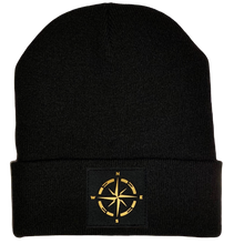 Load image into Gallery viewer, Buddha Gear Beanie - Black cuffed w, Black and Gold Hand Made Compass, Vegan Leather patch over your Third Eye