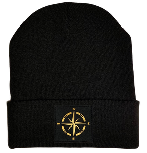 Buddha Gear Beanie - Black cuffed w, Black and Gold Hand Made Compass, Vegan Leather patch over your Third Eye
