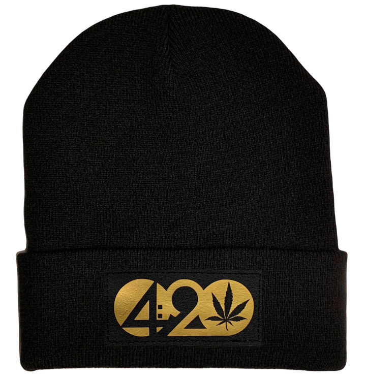 Beanie - Black Cuffed w Hand Made Black and Gold 420 Cannabis Plant Medicine, Vegan Leather patch over your Third Eye buddha gear