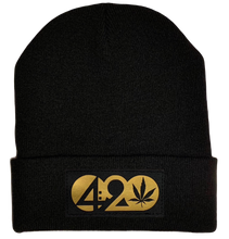 Load image into Gallery viewer, Beanie - Black Cuffed w Hand Made Black and Gold 420 Cannabis Plant Medicine, Vegan Leather patch over your Third Eye buddha gear