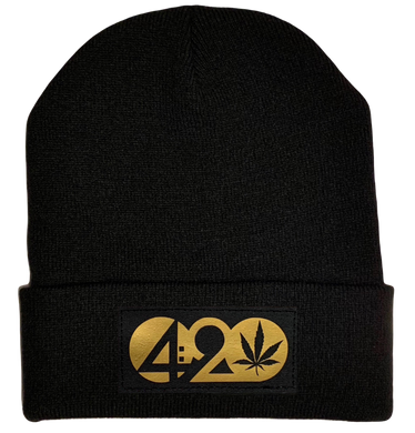 Beanie - Black Cuffed w Hand Made Black and Gold 420 Cannabis Plant Medicine, Vegan Leather patch over your Third Eye buddha gear