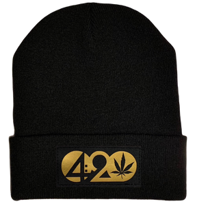 Beanie - Black Cuffed w Hand Made Black and Gold 420 Cannabis Plant Medicine, Vegan Leather patch over your Third Eye buddha gear