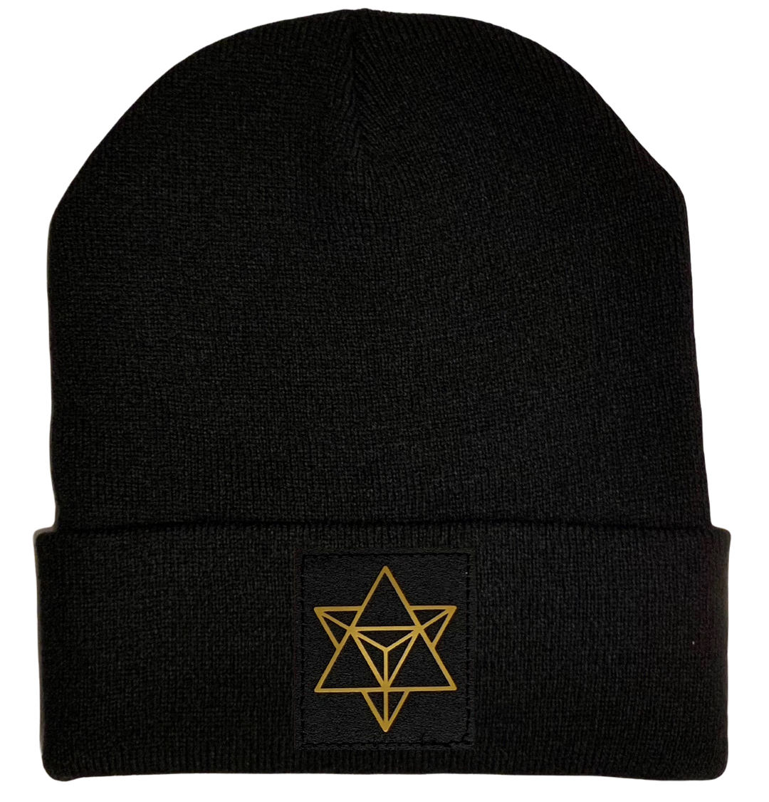 Beanie - Black cuffed w Hand Made Black and Gold Merkaba, Vegan Leather patch over your Third Eye