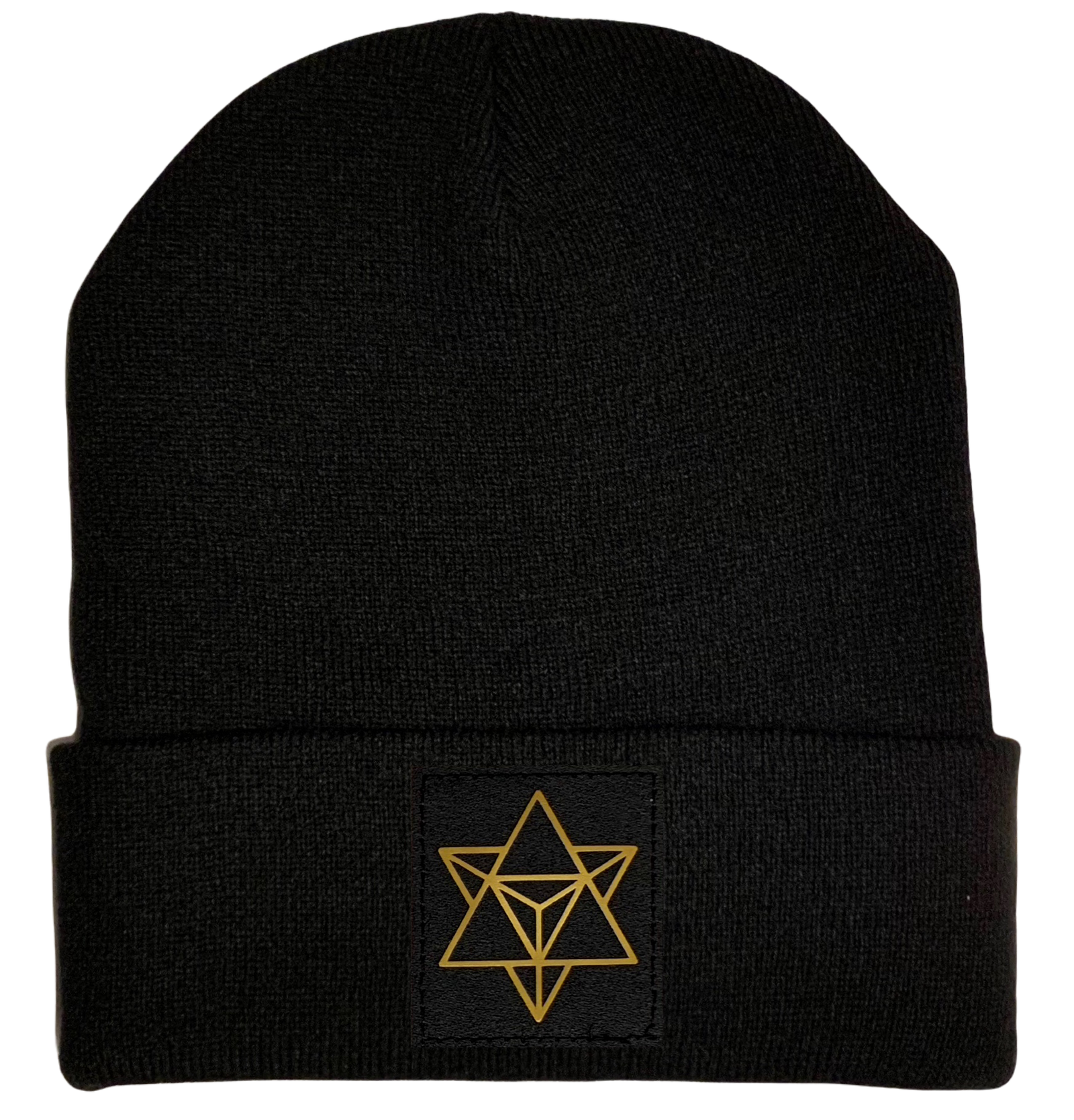 Beanie - Black cuffed w Hand Made Black and Gold Merkaba, Vegan Leather patch over your Third Eye
