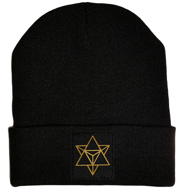 Beanie - Black cuffed w Hand Made Black and Gold Merkaba, Vegan Leather patch over your Third Eye