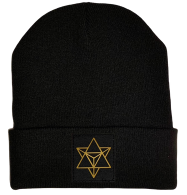Beanie - Black cuffed w Hand Made Black and Gold Merkaba, Vegan Leather patch over your Third Eye